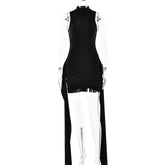 Women's Sexy Sleeveless Bodycon Mini Dress With Side Slit & Tie Detail - Stretchy Clubwear Party Dress - kinko